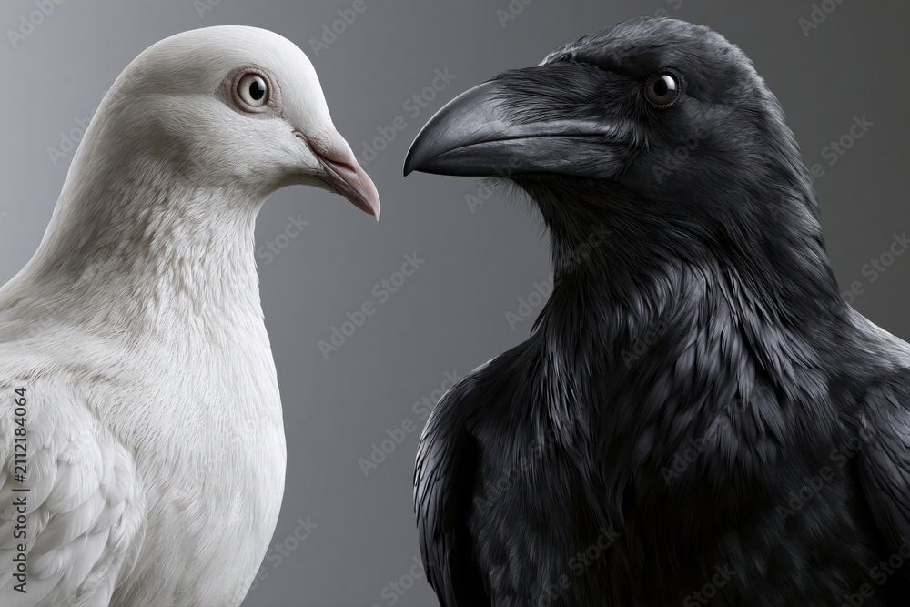 Obraz premium White Dove and Black Raven Face Off in Dramatic Contrast