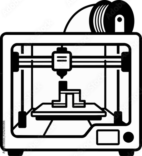3D Printer Icon with Filament Spool Symbolizing Additive Manufacturing, Prototyping, Fabrication, Engineering, Design