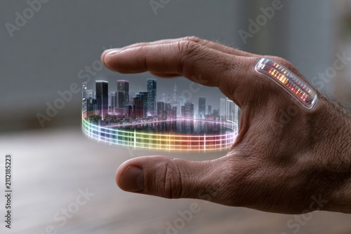 Futuristic hand holding a holographic cityscape display