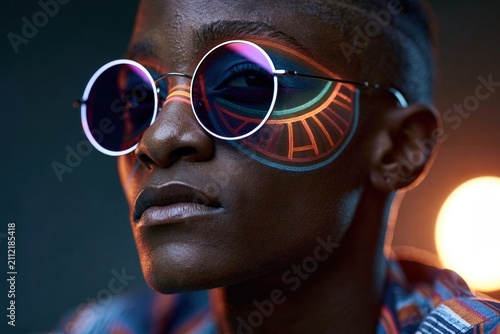Close-up of a person with neon geometric face paint and sunglasses