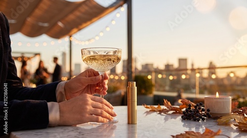 Person holding crystal champagne coupe glass beside fragrance atomizer on rooftop terrace at sunset