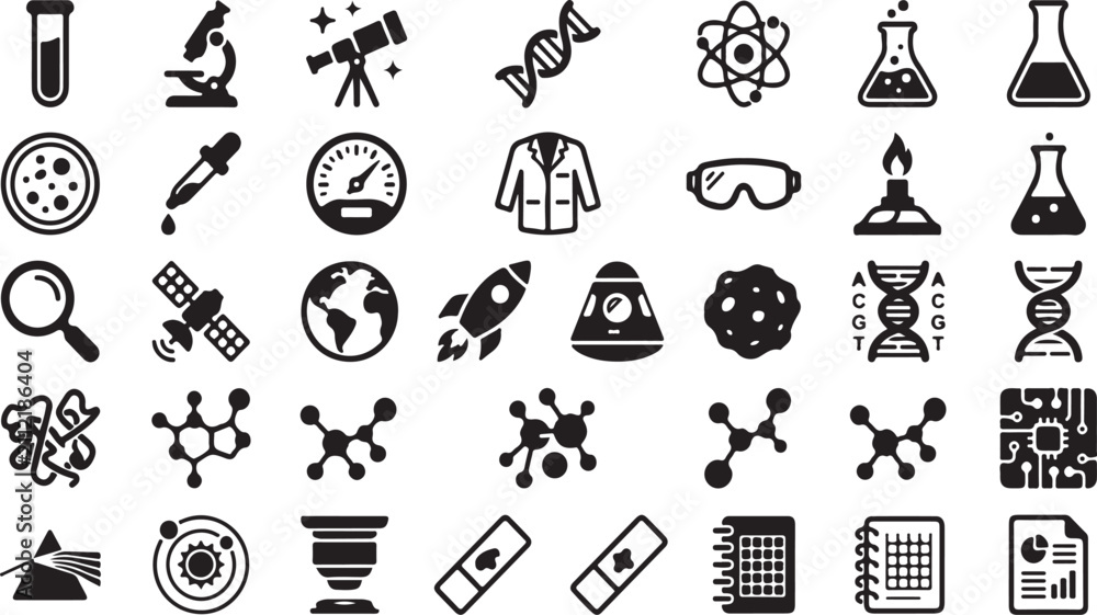 Obraz premium Science and laboratory set featuring chemistry glassware, research equipment, astronomical tools, and various scientific symbols