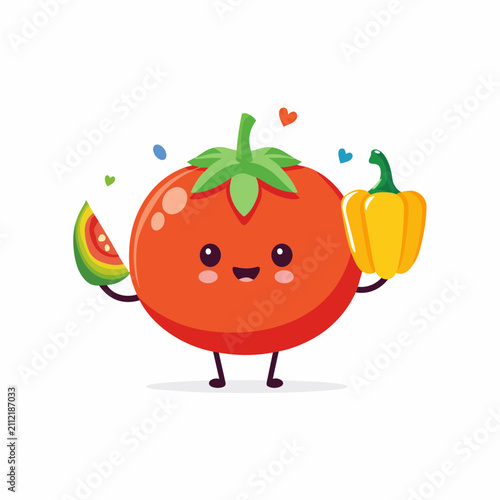 A cute cartoon tomato character holding a slice of watermelon and a yellow bell pepper on a clean white background.