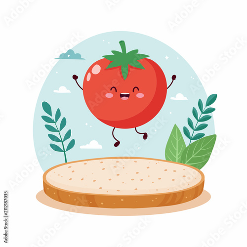A cute cartoon tomato character jumping with joy above a slice of fresh bread on a light blue background.
