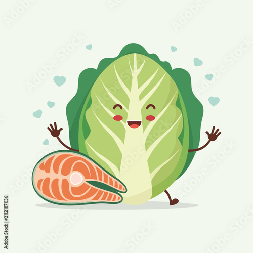 A cute cartoon vector illustration of a happy head of lettuce standing next to a fresh raw salmon fish steak with hearts floating around