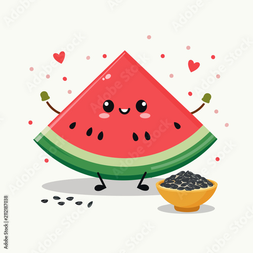 A cute cartoon watermelon slice character celebrating with a bowl of black watermelon seeds on a plain background