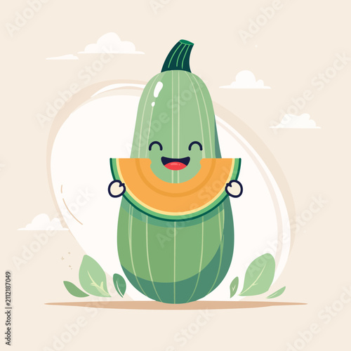 A cute cartoon zucchini character holding a delicious slice of orange melon with a happy smiling face in a flat vector illustration style.