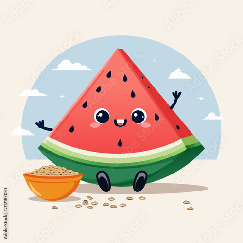 A cute cartoon watermelon wedge character sitting next to a bowl of scattered seeds on a pastel background