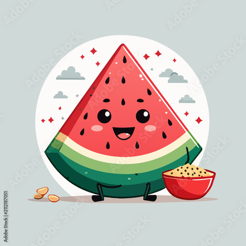 A cute cartoon watermelon slice character sitting happily next to a small bowl filled with roasted seeds on a light background