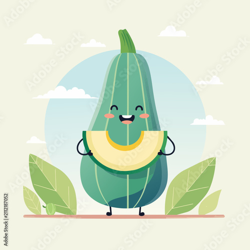A cute cartoon zucchini character holding a fresh sliced vegetable piece in a bright flat vector illustration