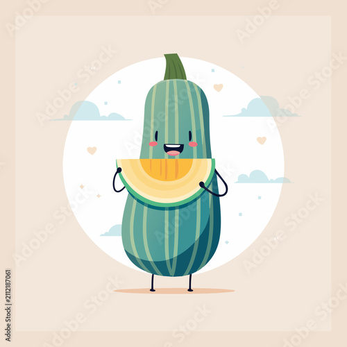 A cute cartoon zucchini character holding a slice of fresh melon in a playful vector illustration