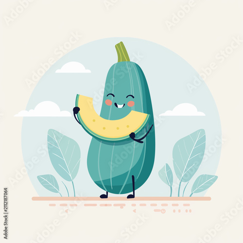 A cute cartoon zucchini character standing outdoors and holding a fresh slice of melon in a flat vector art style.