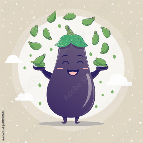 A happy cartoon eggplant character juggling several small green vegetable pieces in a joyful and playful flat vector illustration.