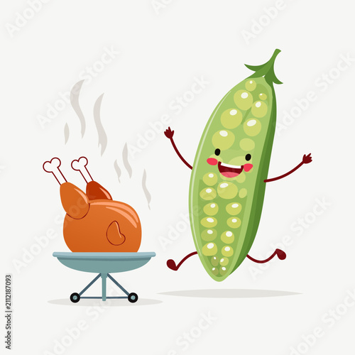 A happy green pea pod character jumping excitedly next to a freshly roasted chicken on a small outdoor metal grill.