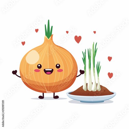 Cute cartoon onion character standing happily next to a bowl of fresh sprouting green spring onions on white