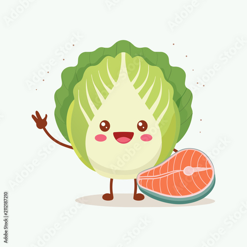 Cute cartoon napa cabbage character holding a fresh slice of raw salmon fish in a friendly vector illustration