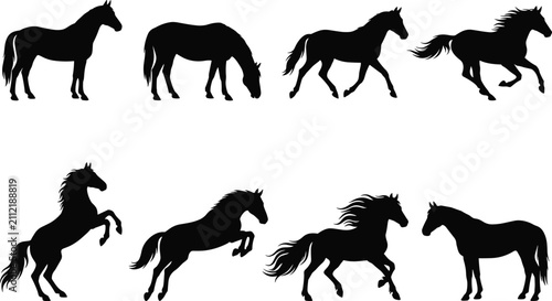 Bild auf Leinwand Horse Silhouette Collection Featuring Standing Grazing Walking Running Rearing J