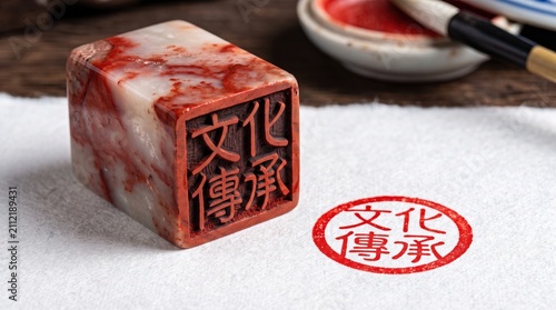 Chinese seal with red ink and calligraphy brushes on white paper.