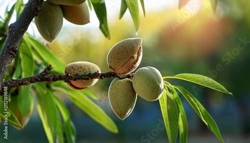 Natural Beauty Fresh Almonds On A Tree Branch