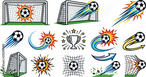 Slika na platnu Large Vector Collection of Football Goal Icons Flying Soccer Balls with Motion T