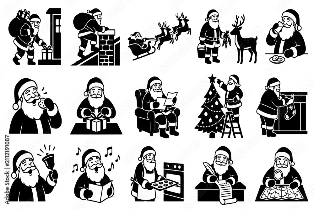 Obraz premium Christmas Character Silhouette Set with Various Holiday Activities
