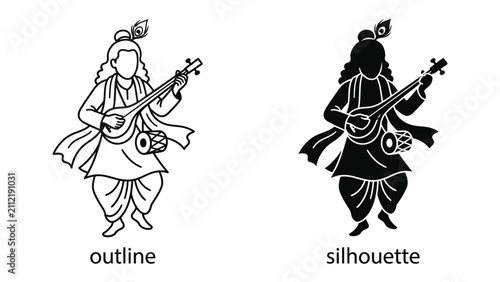 Foto Outline and Silhouette of a Musician with Sitar: An artistic depiction showcasing a musician playing a sitar in both outline and silhouette form