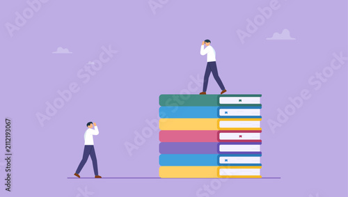 Foto Success young man on top of stack of textbooks look at other on the floor