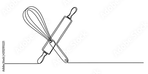 Cuadro en lienzo Continuous single line drawing of a kitchen whisk and a rolling pin for baking i