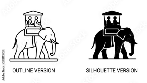 Konstfotografi Elephant Caravan Illustration: Two distinct illustrations, one an outline and the other a silhouette, depict an elephant carrying passengers in a howdah, showcasing a traditional mode of transport