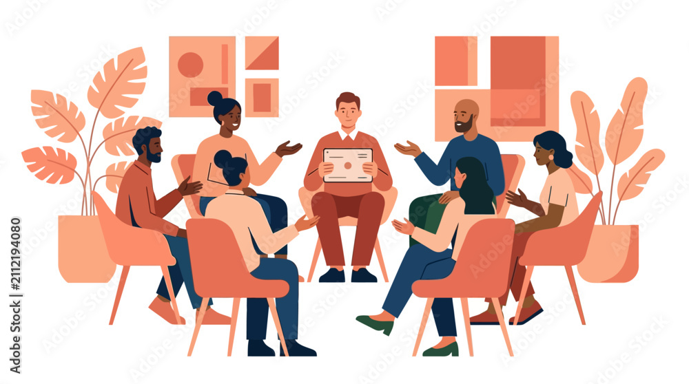 Fototapeta premium Diverse Group Meeting in a Circle for Support Therapy or Business Collaboration Illustration