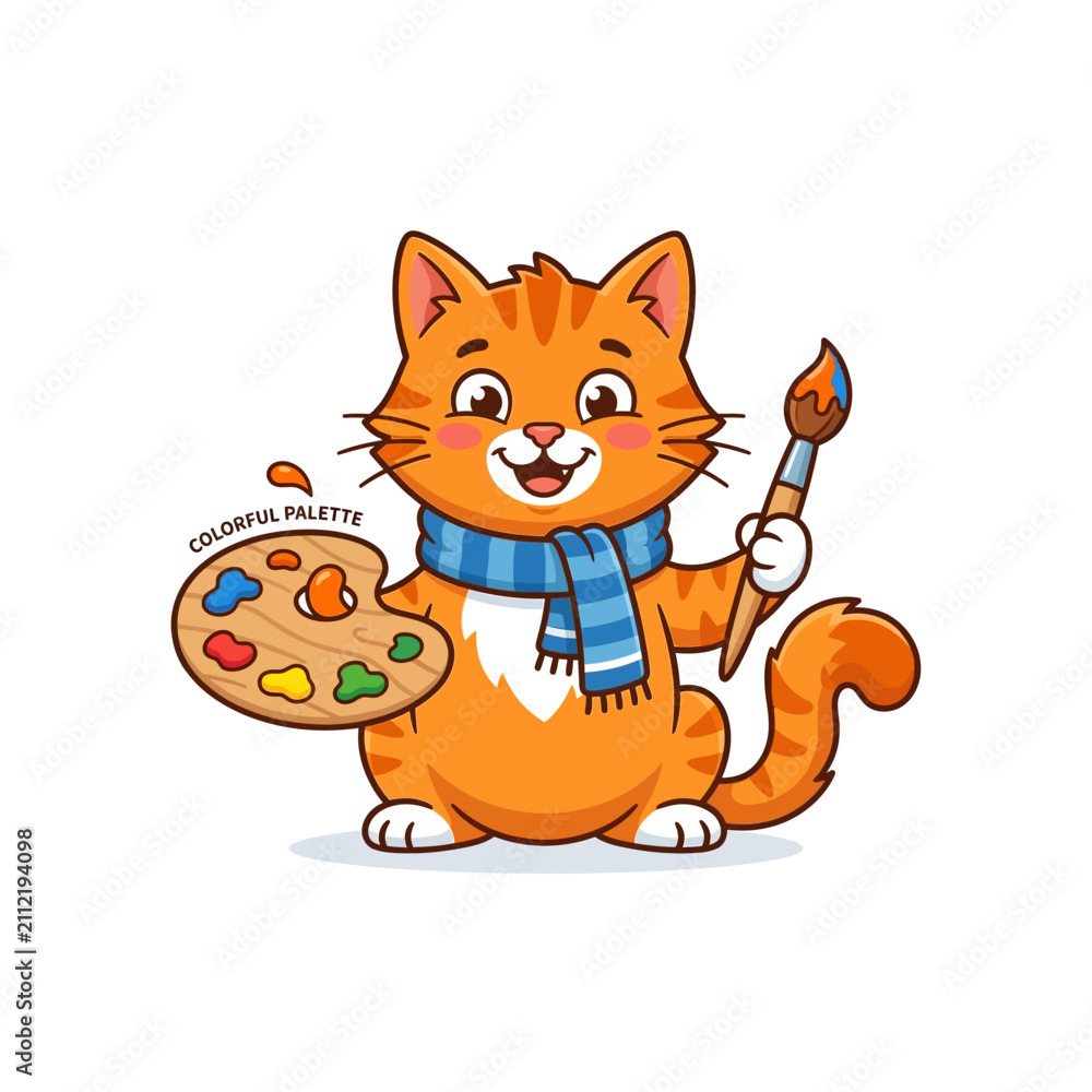 Fototapeta premium A cheerful cartoon orange cat wearing a scarf, holding an artist's palette and paintbrush.