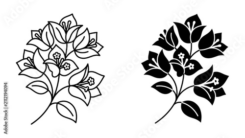 Elegant Bougainvillea Branch: A delicate bougainvillea branch rendered in both outline and silhouette style, showcasing its intricate petals and leaves. Perfect for decorative use and design elements.