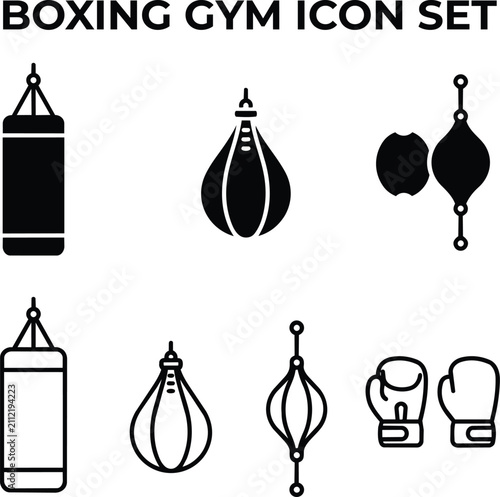 Clean punching bag silhouette and outline icon collection for boxing gyms