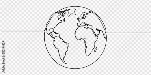 Earth Day one line art drawing. Environment concept Green sprout growing on earth abstract minimal vector illustration, Continuous one line drawing of earth globe with flourish art. World map