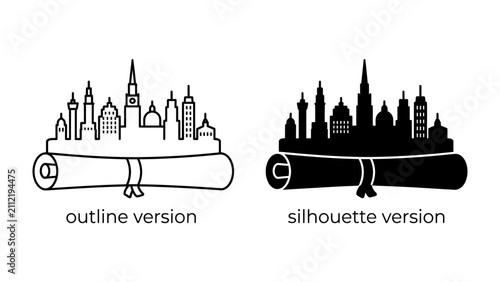 Foto Cityscape on a Scroll: An artistic depiction showcasing a stylized cityscape, presented in both outline and silhouette versions, elegantly unfurled upon a scroll