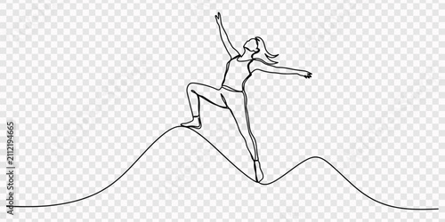Continuous one line drawing of a woman running and jumping, Single line drawing of a joyful woman jumping with arms outstretched, celebrating freedom and happiness, Continuous one line drawing