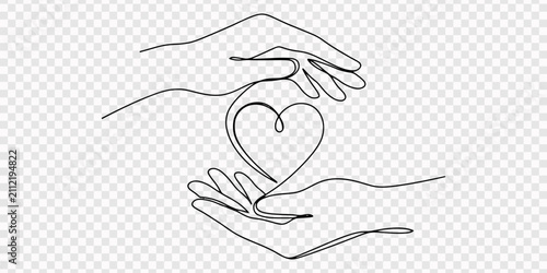 Hand holding a red heart. Love and charity concept. Continuous one line drawing with color vector illustration, two hands hold a heart shape,  continuous one line drawing, Continuous one line drawing