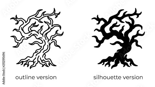 Fotografía Twisted Tree Icon: A stylized representation of an ancient, gnarled tree presented in both outline and silhouette versions, symbolizing resilience and the passage of time