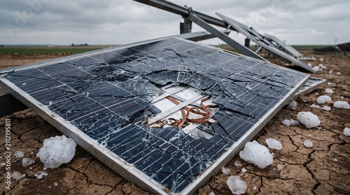 Solar panel lies shattered and destroyed on the dry cracked earth after suffering severe damage from a heavy hail storm.