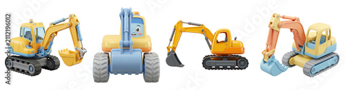 Cute cartoon excavator construction vehicles in multiple poses with soft pastel colors displayed in a collection on transparent background