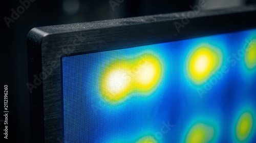 Monitor display screen shows a bright thermal heat map visualization of data points in a professional office environment setting.