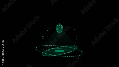 Digital Cyber Security Shield Animation with Rotating Data Rings on Black Background.