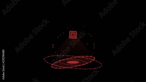Abstract Red Digital Cube Floating Above Rotating Energy Rings.