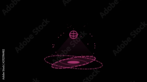 Abstract Digital Neon Pink Particle Sphere Rotating with Orbital Rings.
