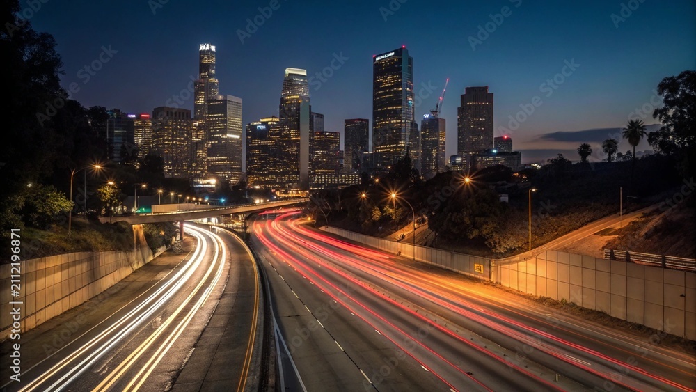 Fototapeta premium Los Angeles Downtown Freeway Night Traffic