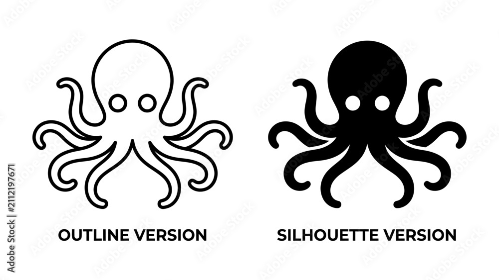 Obraz premium Octopus Icon Set: A striking duo featuring an outline and a silhouette of an octopus, perfect for conveying marine themes or as a distinct graphic element.