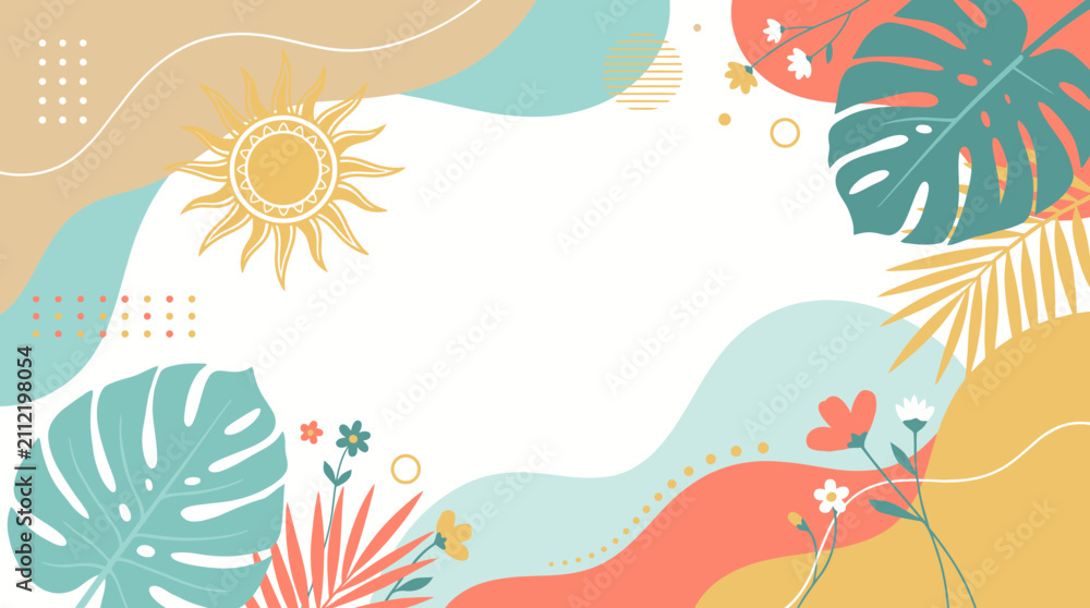 Fototapeta premium Minimalist summer vector banner with tropical monstera leaves, bright sun, seashells, and citrus fruits on abstract organic shapes, perfect for beach party invitations, travel marketing, and posters. 
