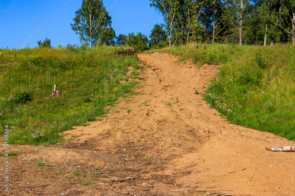 Obraz premium Sandy dirt path winding up a lush green grassy hillside under a clear blue sky, showing traces of environmental impact and rough terrain on a sunny summer day