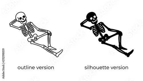 Quadro su tela Relaxed Skeleton Duo: Two stylized skeletons, one in outline and the other as a silhouette, recline in a leisurely posture, embodying a humorous and morbid take on relaxation