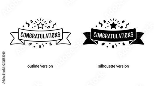 Quadro su tela Celebration Badge Duo: Two distinct styles, an outline and a silhouette, showcase a congratulatory banner adorned with a star and confetti, perfect for marking achievements